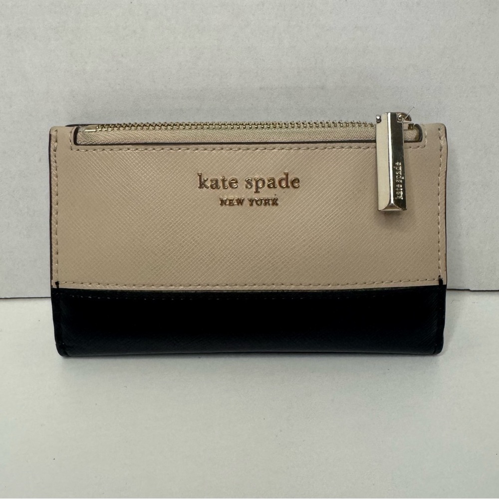 Kate Spade Spencer Small Slim Bifold Wallet WARM BEIGE/ BLACK Saffiano Leather